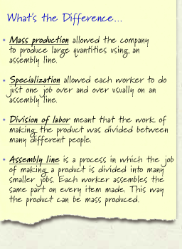 What is the Difference? Mass production allowed the company to produce large quantities using an assembly line. Specialization allowed each worker to do just one job over and over usually on an assembly line. Dvision of labor meant that the work of making the product was divided between many different people. Assembly line is a process in which the job of making a product is divided into many smaller jobs. Each worker assembles the same part on every item made. This way the product can be mass produced.