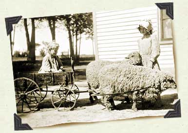 Florence and Beulah with the sheep wagon c. 1906