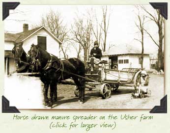 Horse drawn manure spreader on the Usher farm.